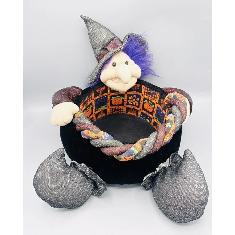 Vintage Halloween Witch Candy Basket Kids of America Plush Trick Or Treat Bowl